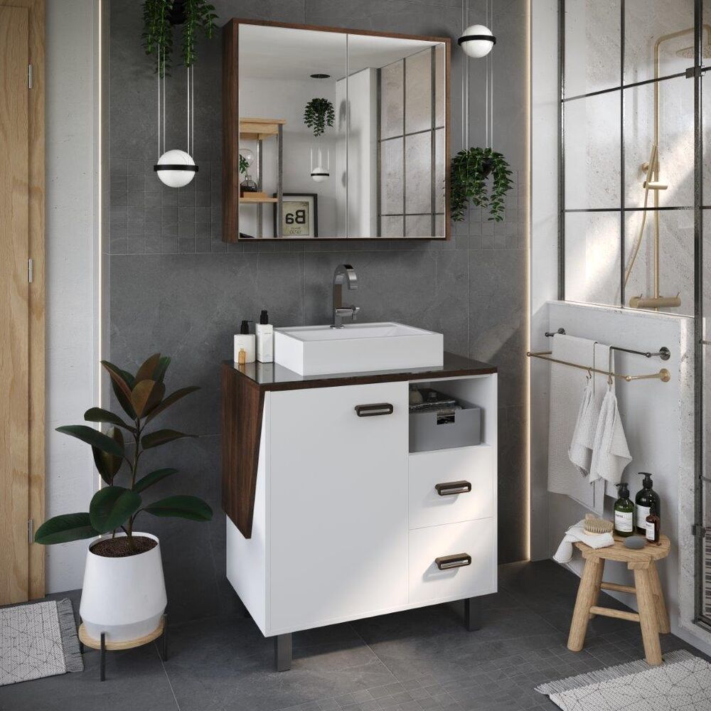 Gabinete para Banheiro com Tampo New Angulo Ameixa/Branco 80cm C-Linea