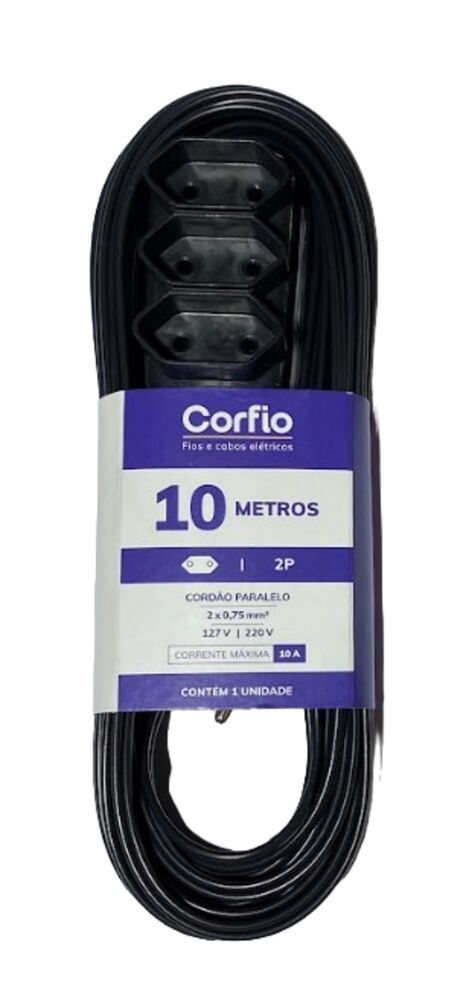 Extensão 10m 10A 2P Preto 3 Tomadas Bivolt Corfio