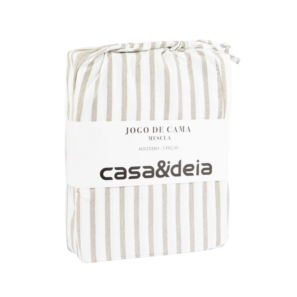 Jogo de Cama Solteiro Mescla Cinza/Branco Listra Casa&Ideia