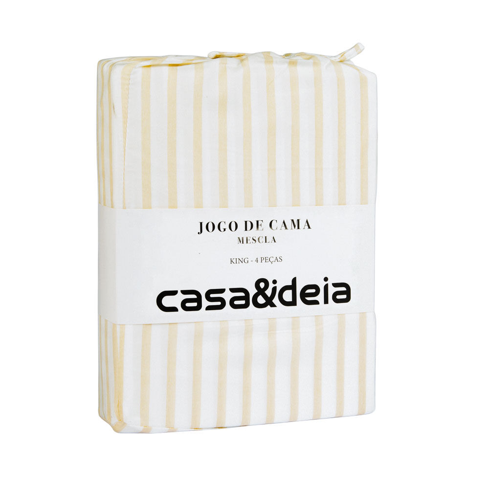 Jogo de Cama King Mescla Branco/Bege Listra Casa&Ideia