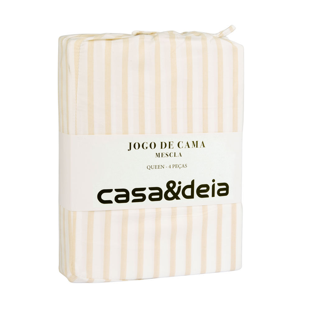 Jogo de Cama Queen Mescla Branco/Bege Listra Casa&Ideia
