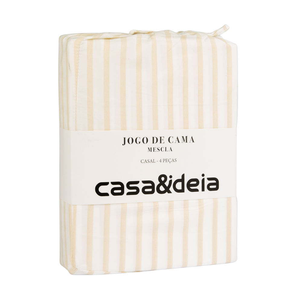 Jogo de Cama Casal Mescla Branco/Bege Listra Casa&Ideia