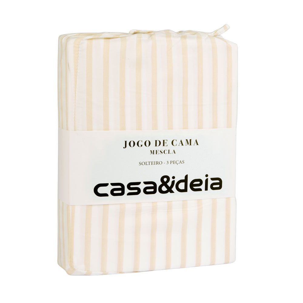Jogo de Cama Solteiro Mescla Branco/Bege Listra Casa&Ideia