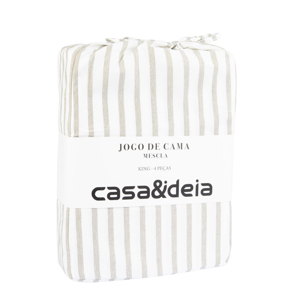 Jogo de Cama King Mescla Cinza/Branco Listra Casa&Ideia