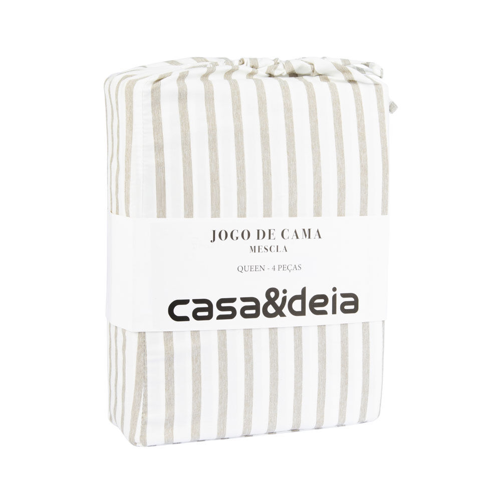 Jogo de Cama Queen Mescla Cinza/Branco Listra Casa&Ideia
