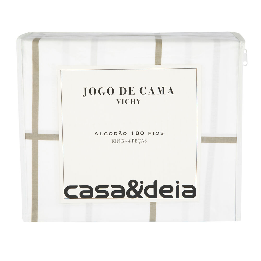 Jogo de Cama King 180 Fios Listras Bege Branco Casa&Ideia