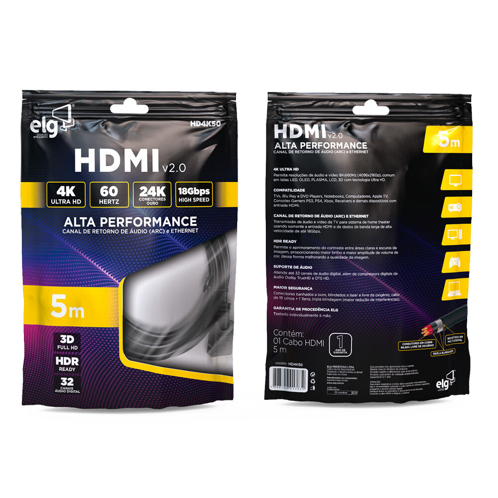 Cabo Hdmi 5m Hd4k50 Preto 2.0v Elg
