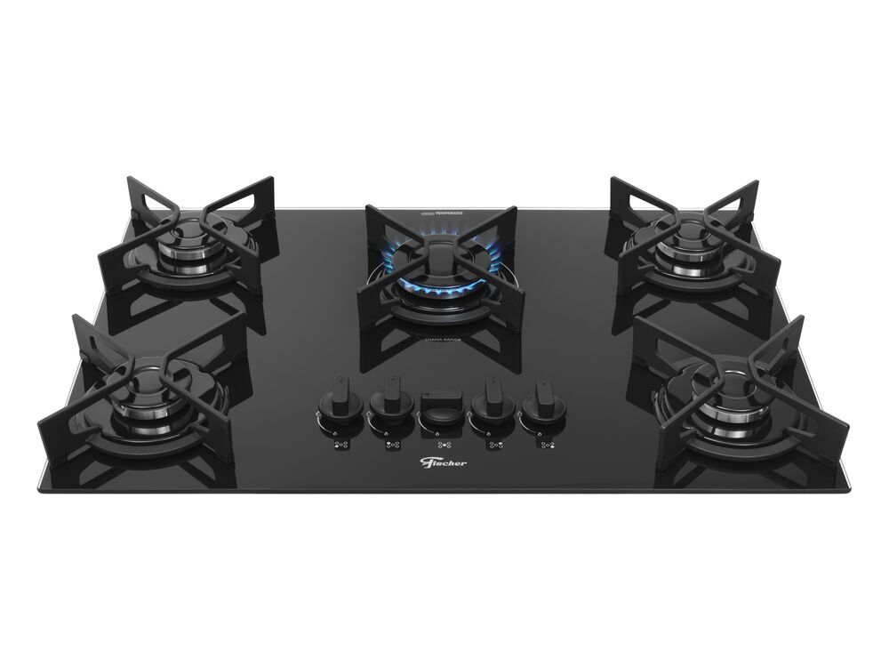 Cooktop Gás 5 Bocas Fit Line Vidro Preto Bivolt Fischer