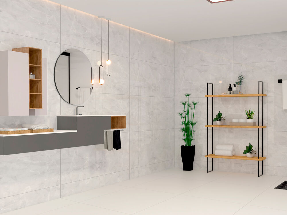 Piso Cerâmico Cristallo Branco Cinza  Retificado Polido 61x116cm Ilhabella