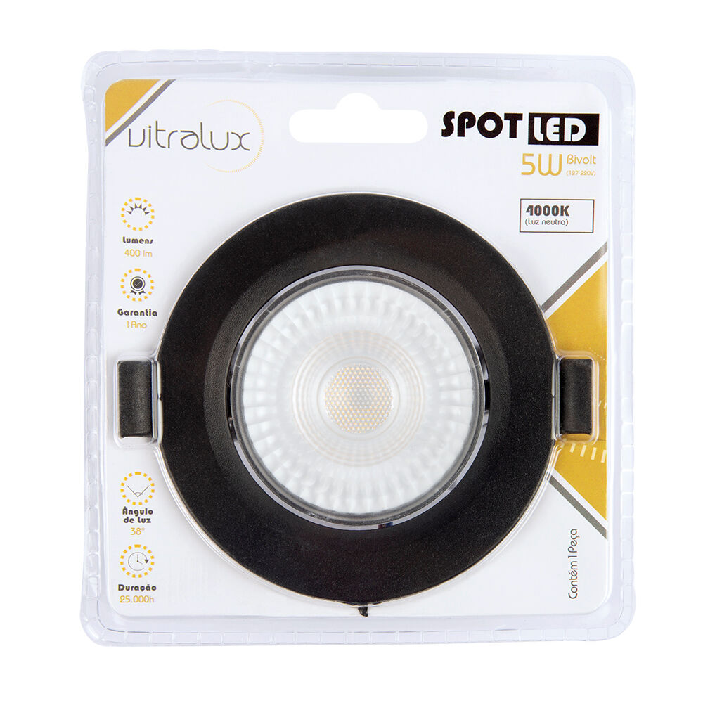 Spot LED Embutir Redondo 5W Preto 4000K Bivolt Vitralux
