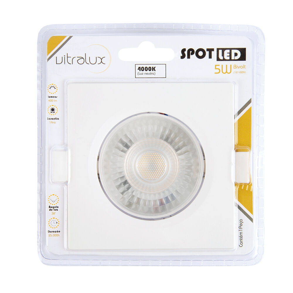 Spot LED Embutir Quadrado 5W Branco 4000K Bivolt Vitralux