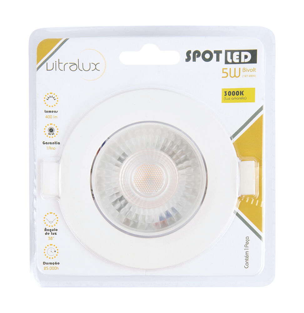 Spot LED Embutir Redondo 5W Branco 3000K Bivolt Vitralux
