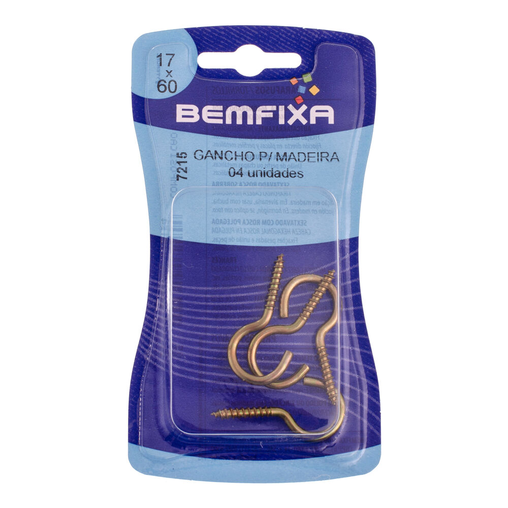 Gancho de Metal para Madeira 7215 4 Peças 17x60mm Bemfixa